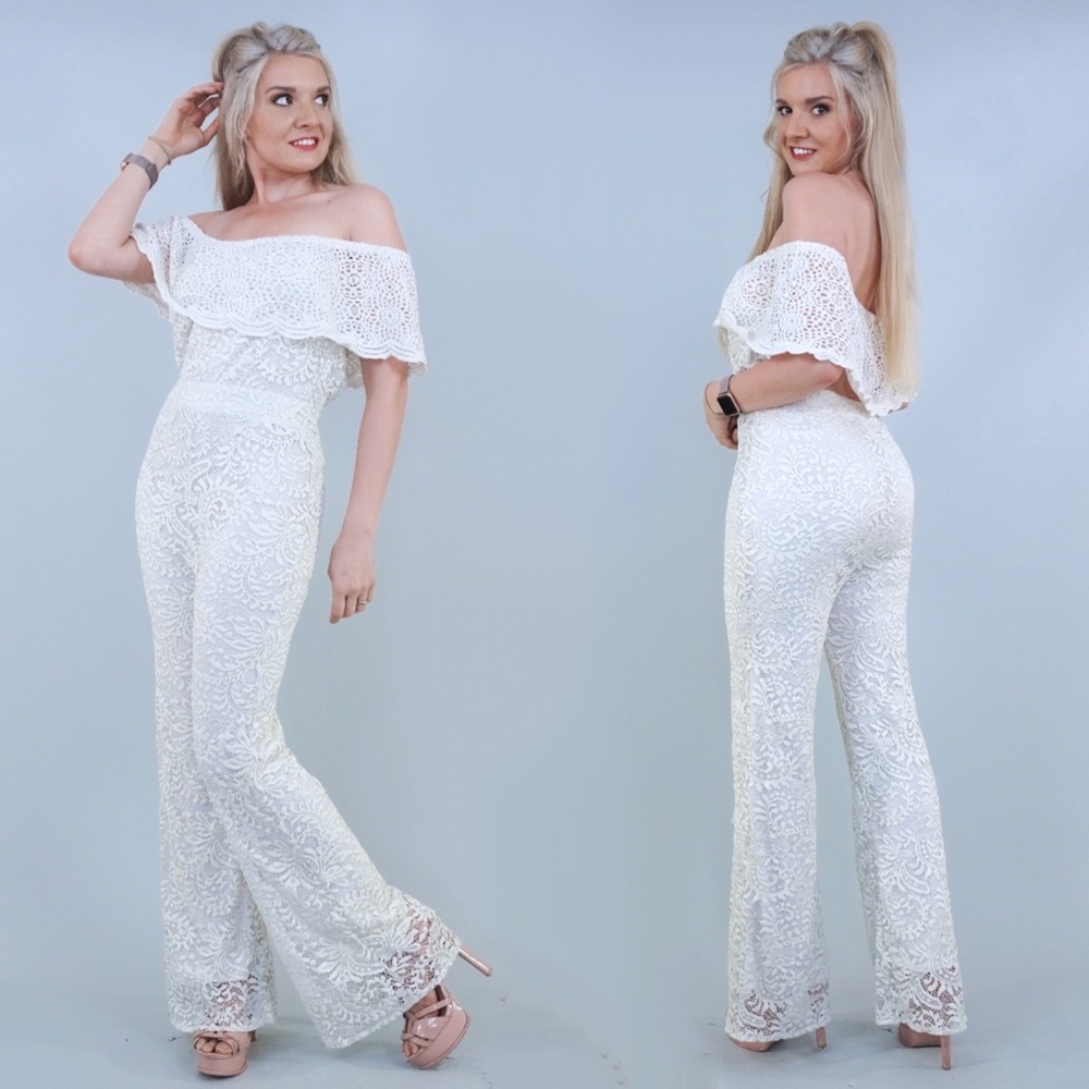 White Lace Off Shoulder Pants Jumpsuit